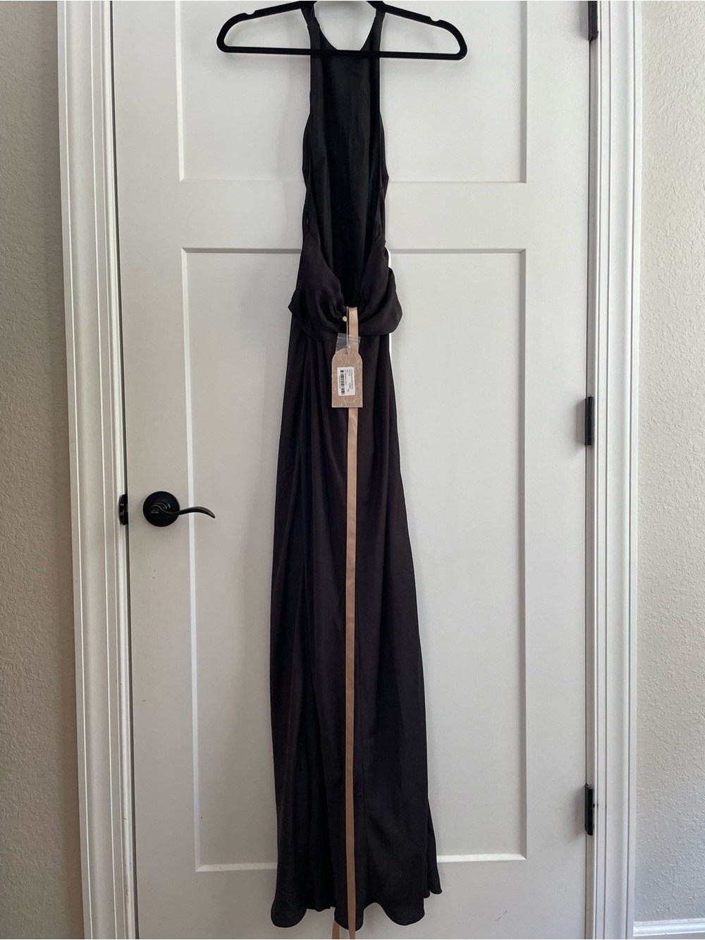 NWT Meshki Rinna Satin Halter Maxi Dress in Black w/ Feather Boa - Picture 10 of 12